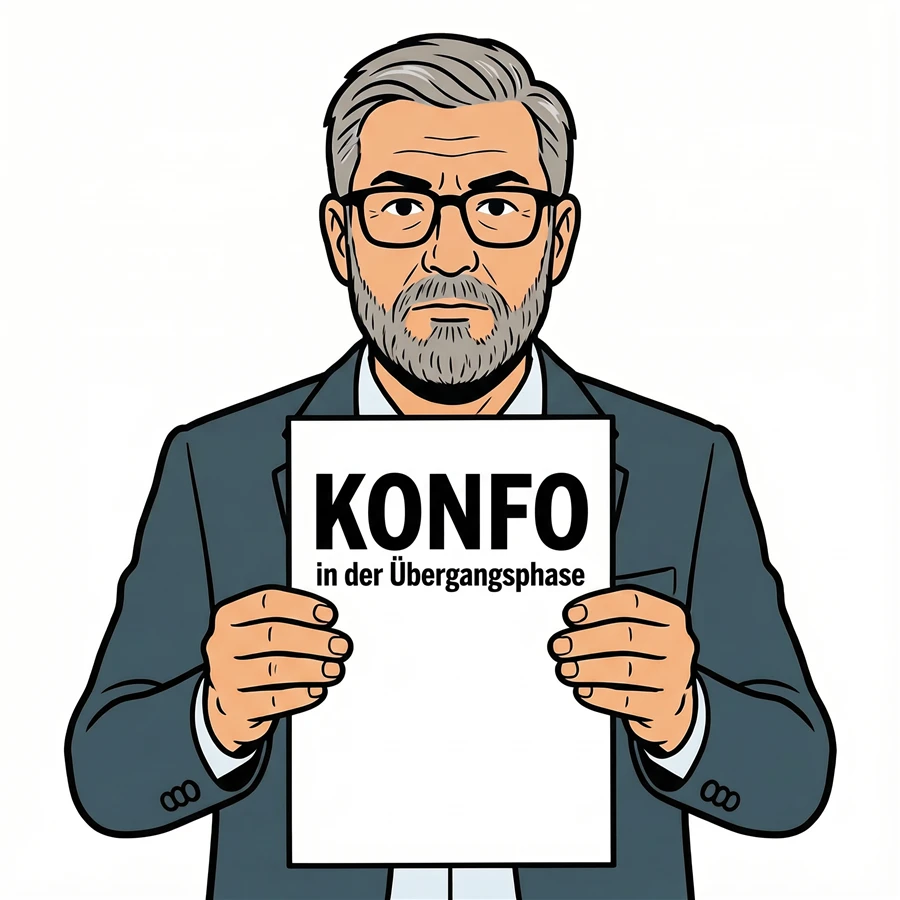 Compliance Klaus hält ein Blatt mit der Aufschrift „KONFO in der Übergangsphase“ vor sich