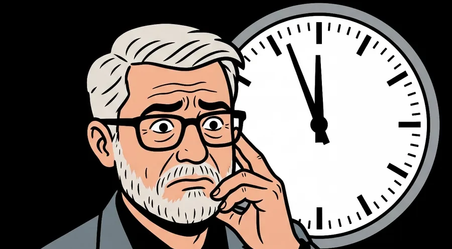 Compliance Klaus blickt sorgenvoll auf eine Uhr, die auf fünf vor zwölf steht