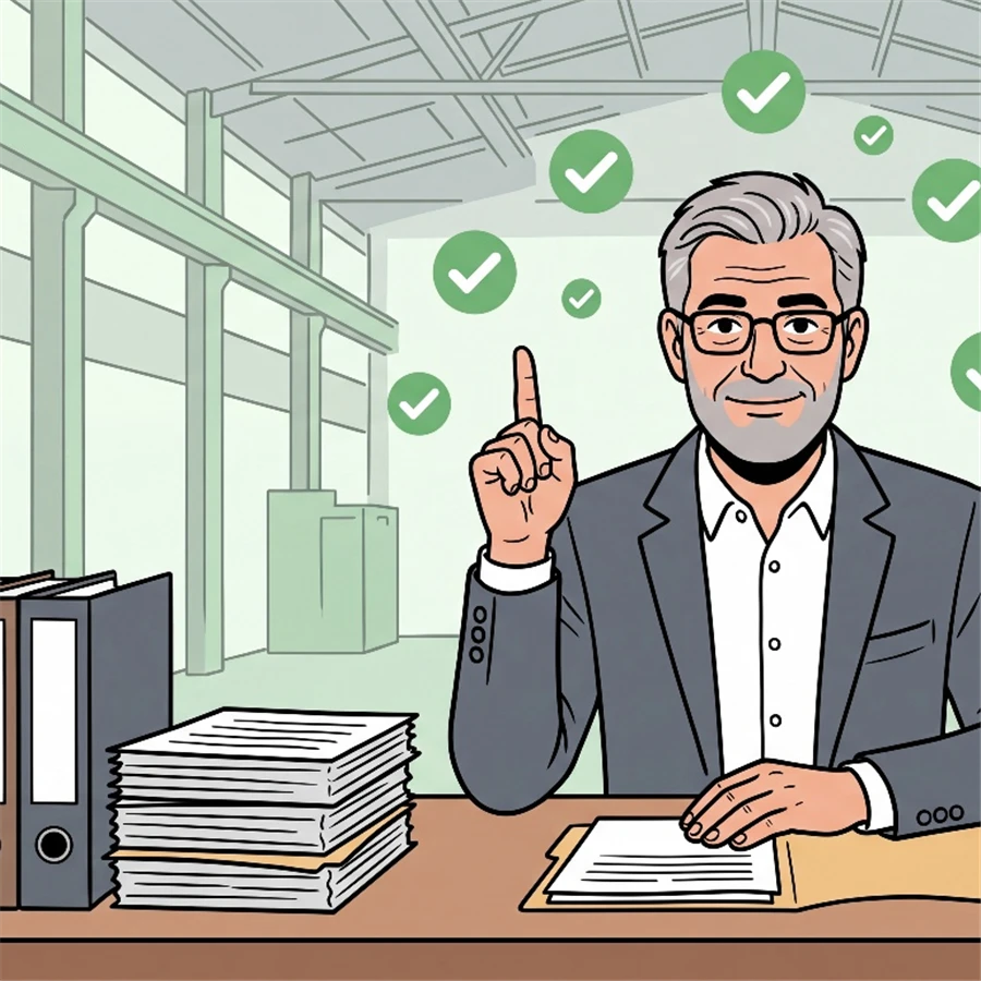 Compliance Klaus zeigt zufrieden nach oben, umgeben von grünen Häkchen, an seinem Schreibtisch mit Aktenordnern und einer Tasse Kaffee