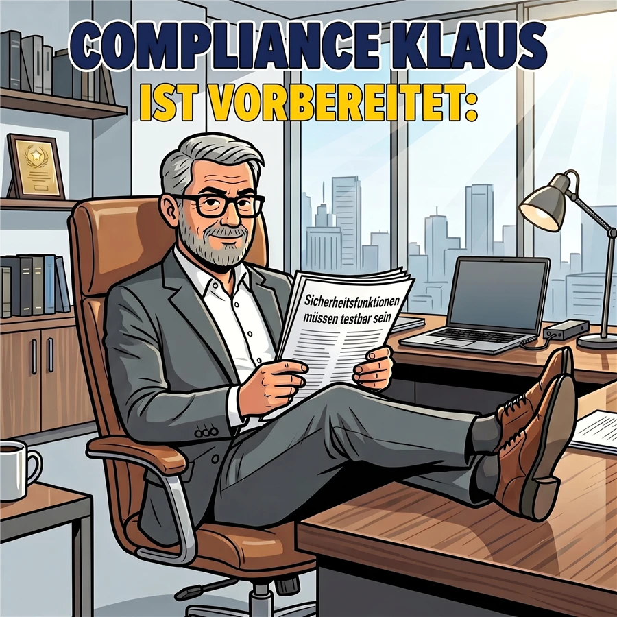 Compliance Klaus sitzt entspannt mit den Füßen auf dem Schreibtisch und liest ein Blatt mit der Überschrift „Sicherheitsfunktionen müssen testbar sein“, im Hintergrund „Compliance Klaus ist vorbereitet“