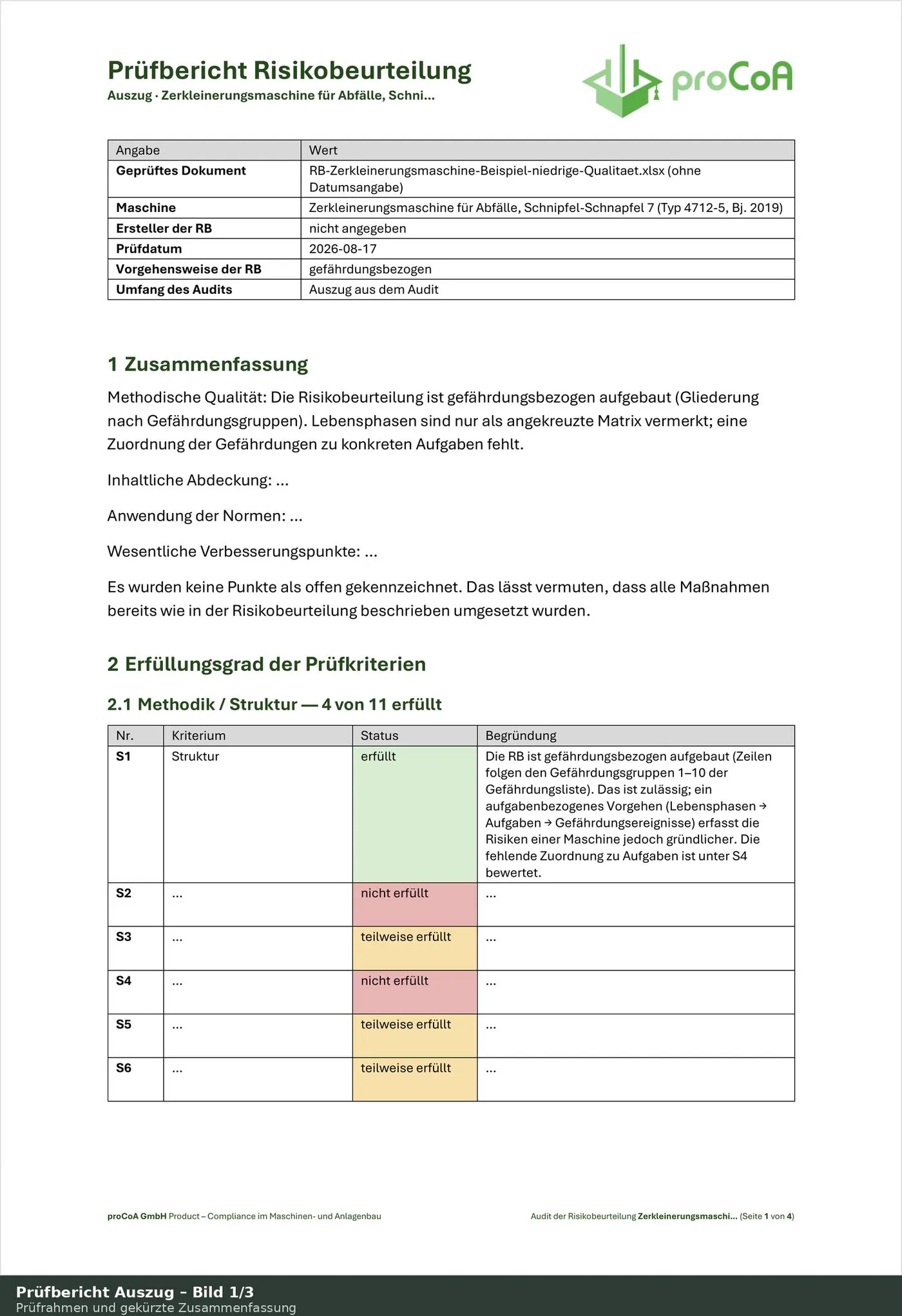 Sofortcheck, Seite 1: Prüfrahmen mit geprüftem Dokument, Maschine und Prüfdatum sowie die gekürzte Zusammenfassung und der Erfüllungsgrad der Prüfkriterien
