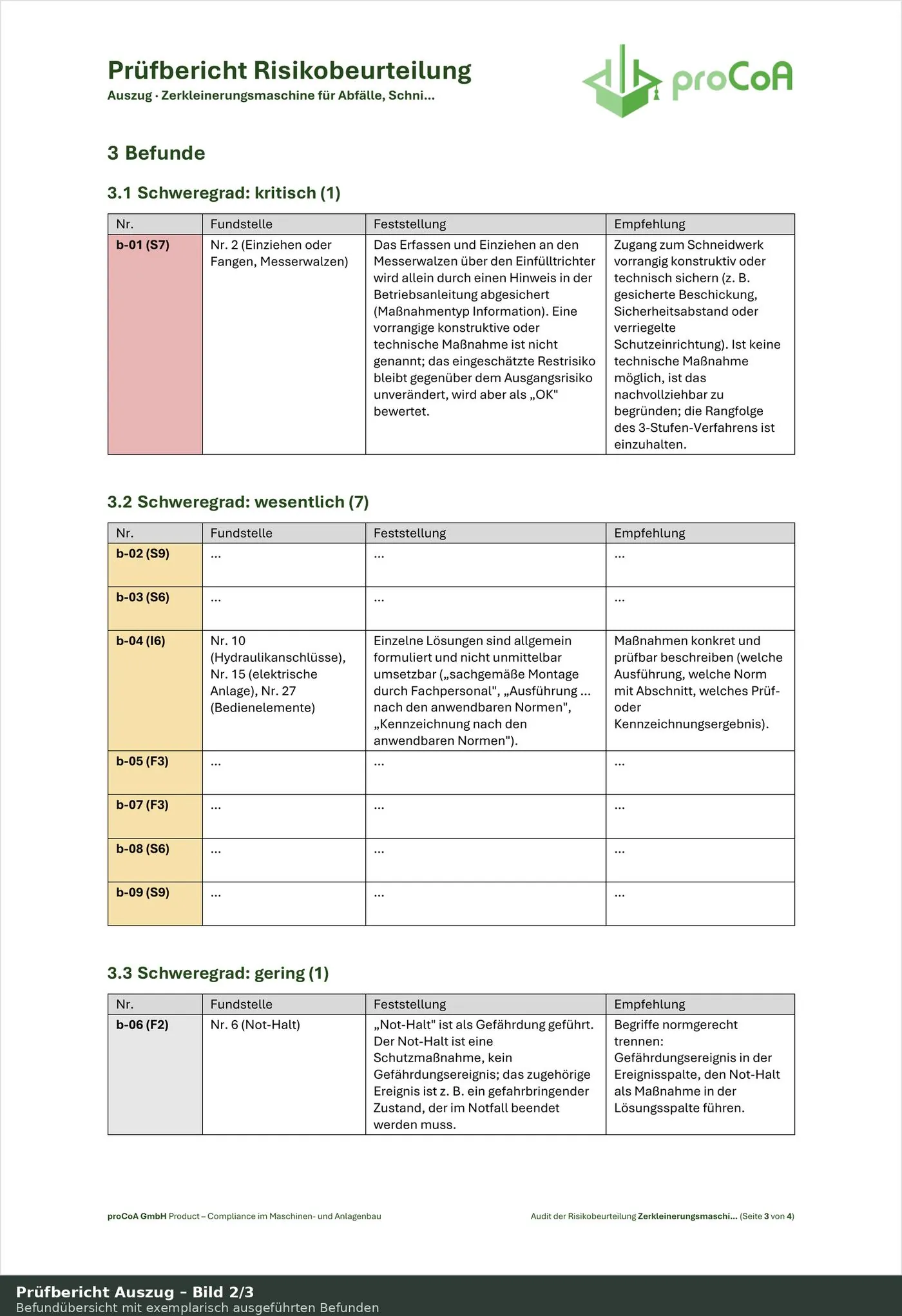 Sofortcheck, Befundübersicht: ein kritischer, sieben wesentliche und ein geringer Befund, davon einzelne exemplarisch mit Fundstelle, Feststellung und Empfehlung ausgeführt