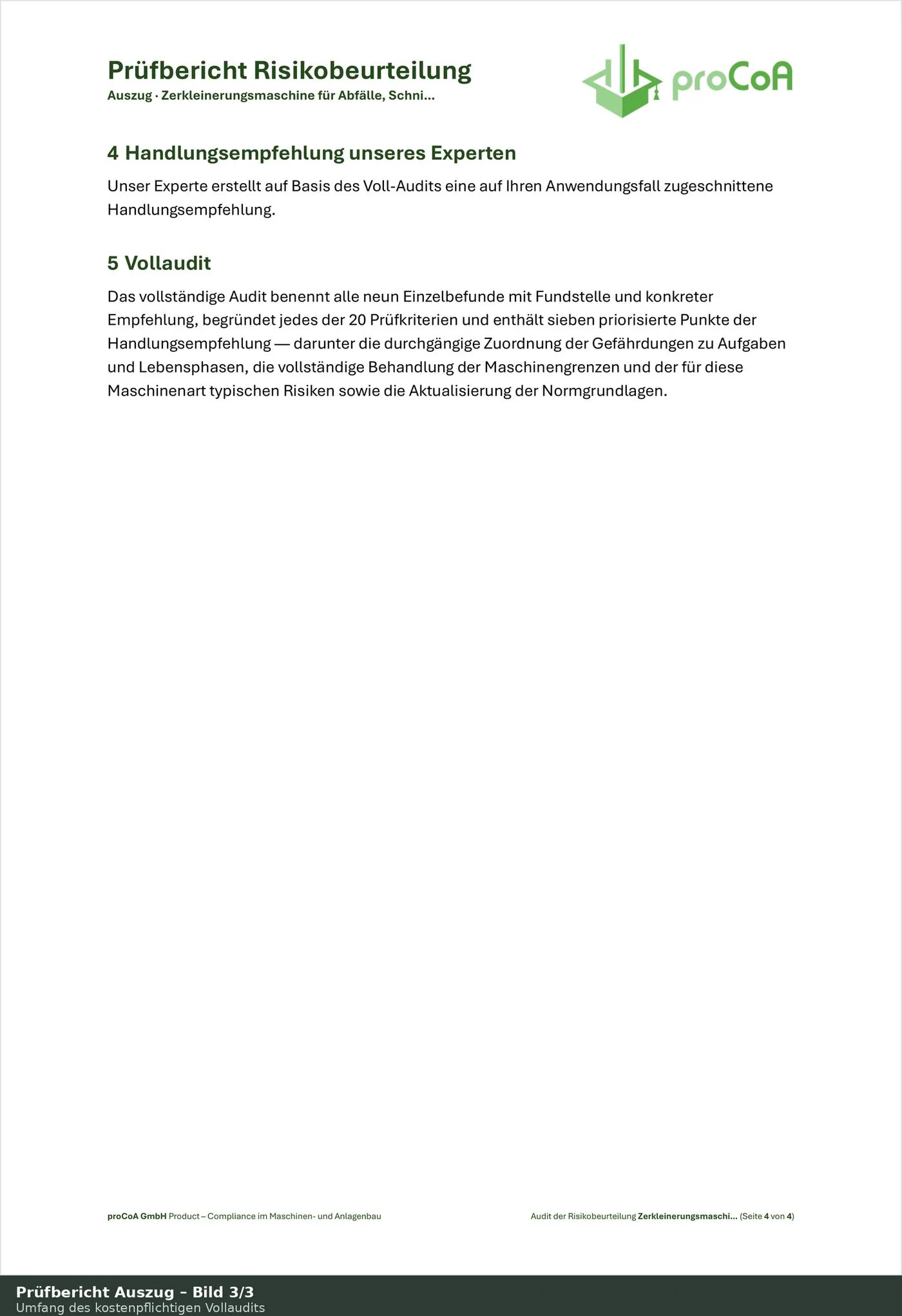 Sofortcheck, Abschluss: Hinweis auf die Handlungsempfehlung des Experten und Beschreibung des Umfangs, den das kostenpflichtige Vollaudit zusätzlich enthält