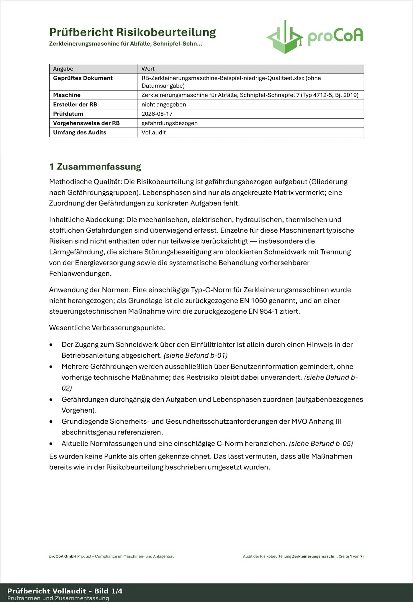 Vollaudit, Seite 1: Prüfrahmen und vollständig ausgeführte Zusammenfassung zu methodischer Qualität, inhaltlicher Abdeckung und Normanwendung