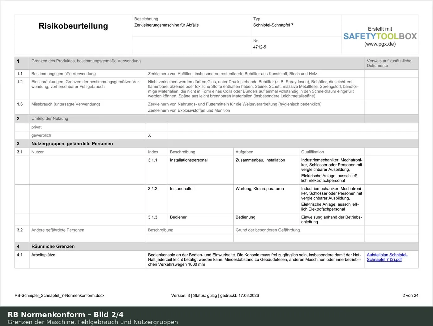 Normkonforme Risikobeurteilung: vollständig festgelegte Grenzen der Maschine einschließlich vorhersehbarem Fehlgebrauch und Nutzergruppen
